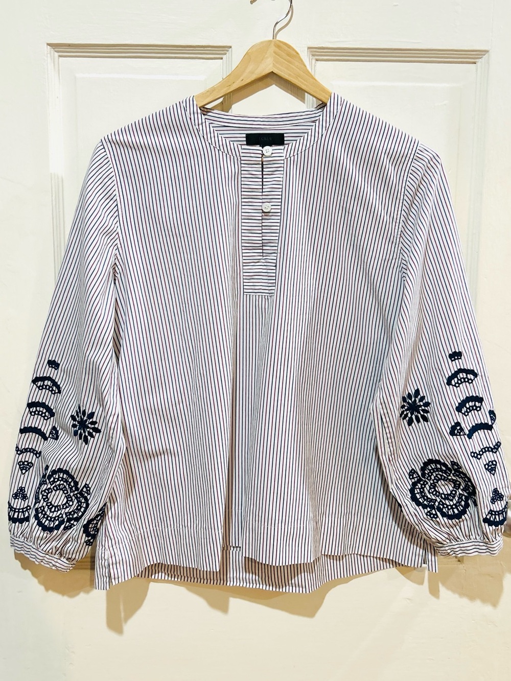 J. Crew Pinstripe Embroidered Balloon Sleeve Peasant Top Preppy Boho Size MP